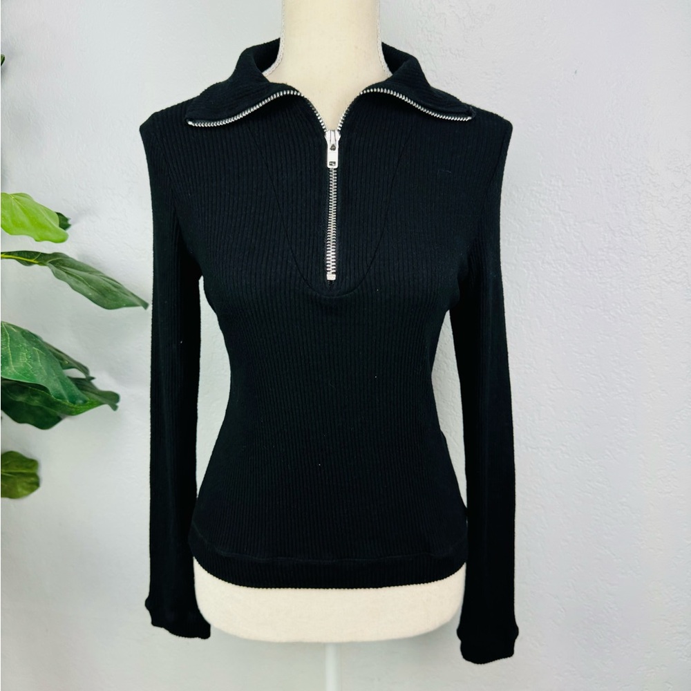 Maplesage Black Ribbed Knit Half Zipper Sweater Top Long Sleeve